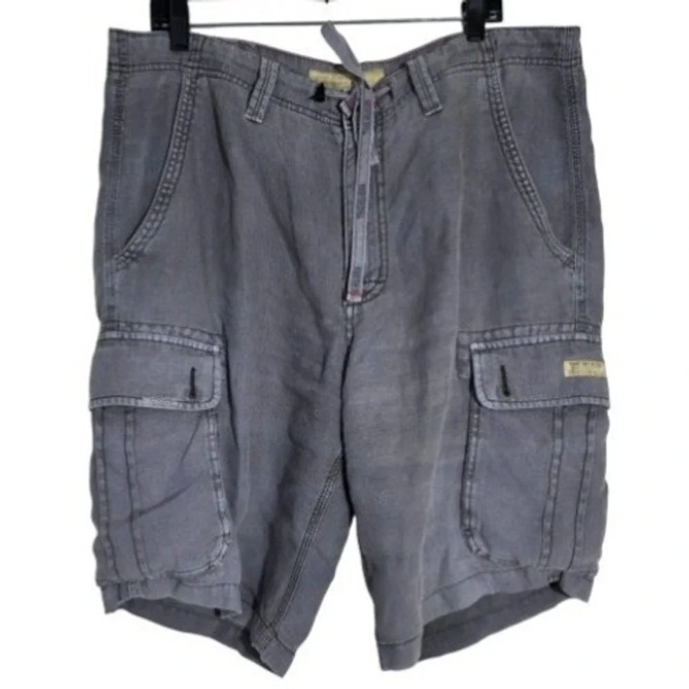 True Religion Vintage 100% Linen Cargo Shorts Mens 36 Charcoal Gray Utility Good